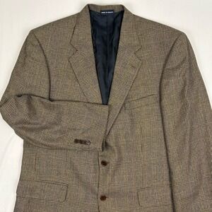 VTG 90s Oak Creek Silk Wool Glen Plaid Sport Coat 44L Tan/Navy w/Red Overcheck